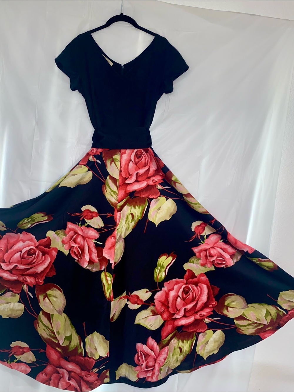 Vintage Maxi Black Dress with Oversized Rose Print Full Skirt Fitted Top S XS